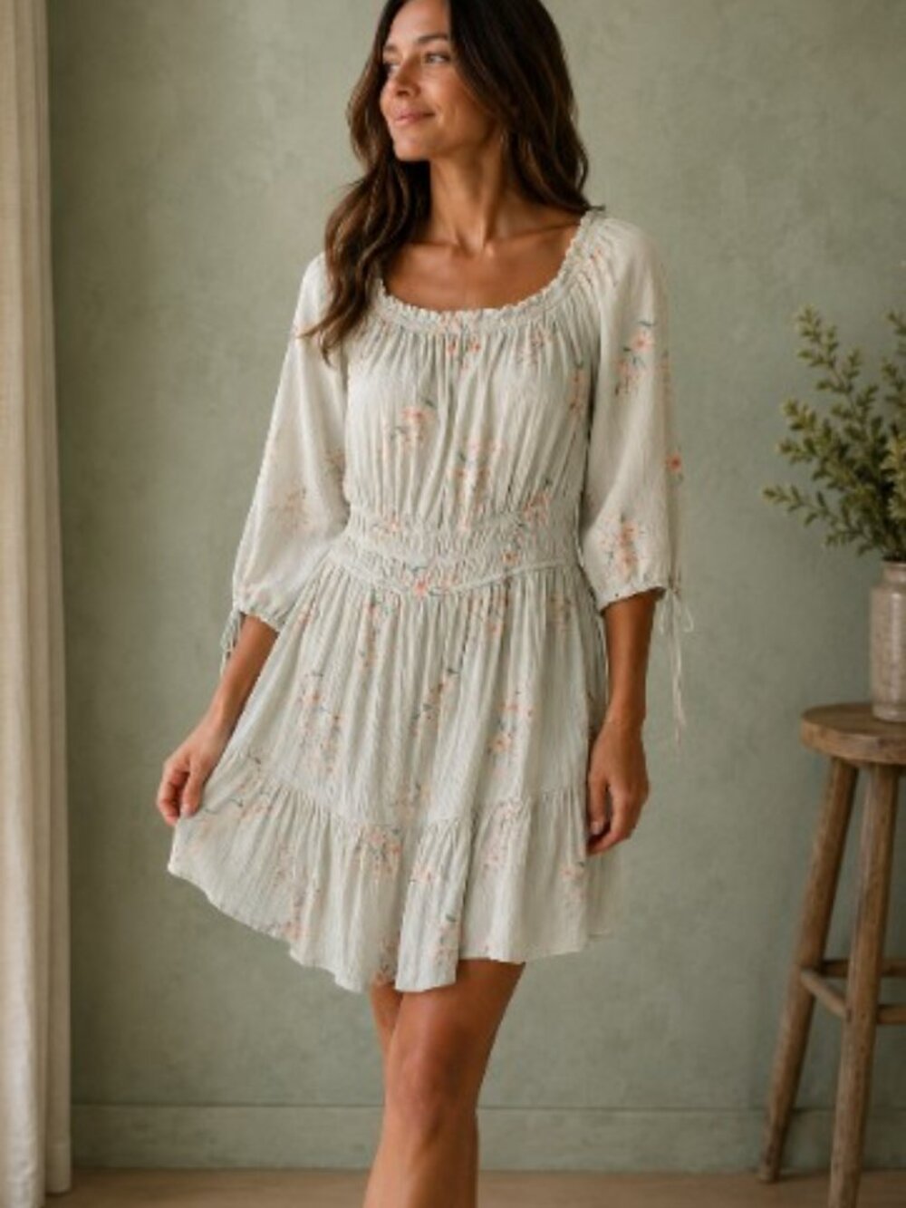 American Eagle Floral Boho Dress – Soft Sage/Ivory – Smocked Waist
